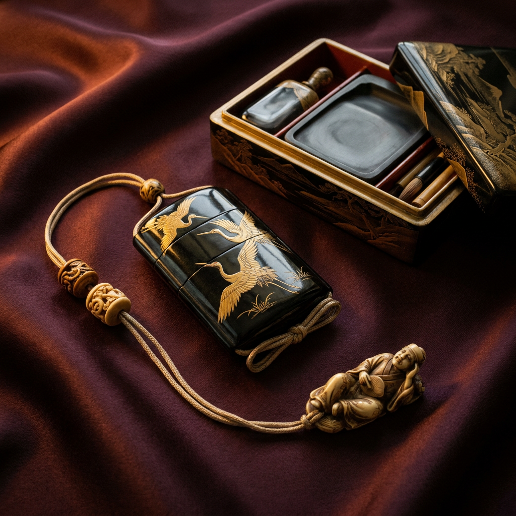Japanische Lackdose (Inro) mit Netsuke-Anhänger auf Seidenstoff